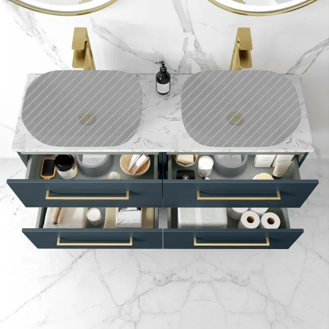Elba Inky Blue Wall Hung Drawer with Marble Top 1200mm Excludes Basins - Brushed Brass Accents