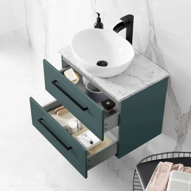 Elba Midnight Green Wall Hung Drawer Vanity with Marble Top & Oval Counter Top Basin 600mm - Black Accents