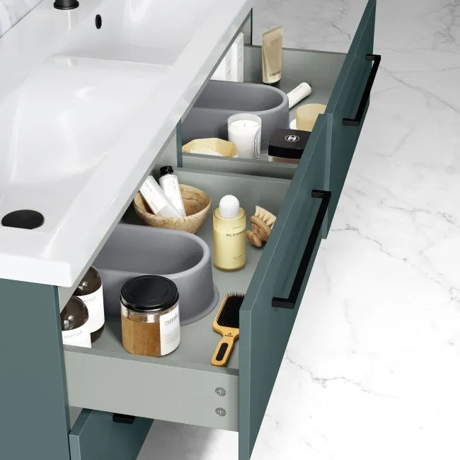Elba Midnight Green Wall Hung Double Basin Drawer Vanity 1200mm - Black Accents