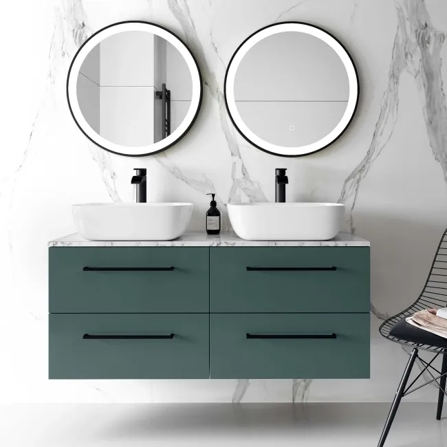 Elba Midnight Green Double Wall Hung Drawer Vanity with Marble Top & Curved Basin 1200mm - Black Accents