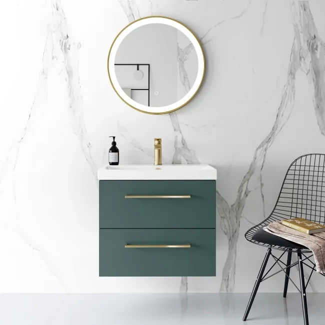 Elba Midnight Green Wall Hung Basin Drawer Vanity 600mm - Brushed Brass Accents
