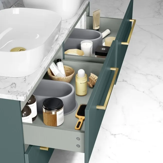 Elba Midnight Green Double Wall Hung Drawer Vanity with Marble Top & Curved Basin 1200mm - Brushed Brass Accents