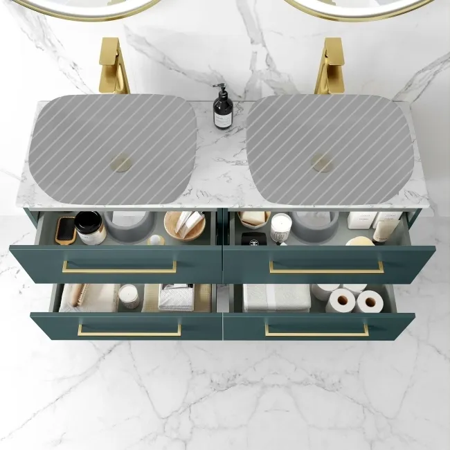 Elba Midnight Green Wall Hung Drawer with Marble Top 1200mm Excludes Basins - Brushed Brass Accents
