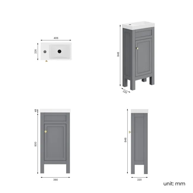 Bermuda Dove Grey Cloakroom Basin Vanity 400mm - Brushed Brass Accents