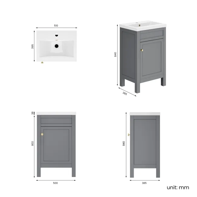 Bermuda Dove Grey Basin Vanity 500mm - Brushed Brass Accents