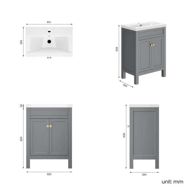 Bermuda Dove Grey Basin Vanity 600mm - Brushed Brass Accents
