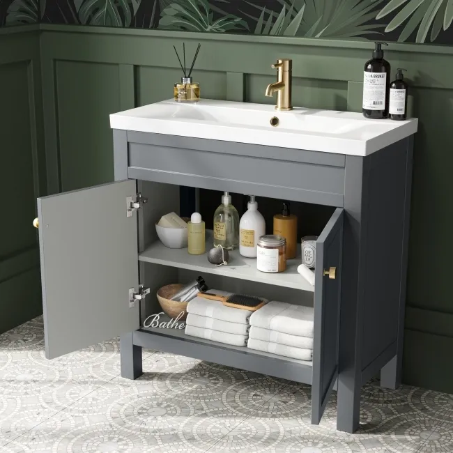 Bermuda Dove Grey Basin Vanity 800mm - Brushed Brass Accents