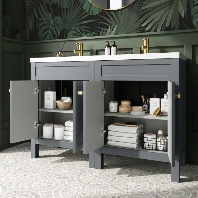 Bermuda Dove Grey Double Basin Vanity 1200mm - Brushed Brass Accents