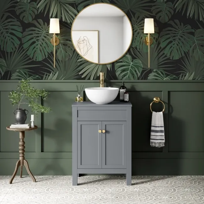 Bermuda Dove Grey Vanity with Round Counter Top Basin 600mm - Brushed Brass Accents