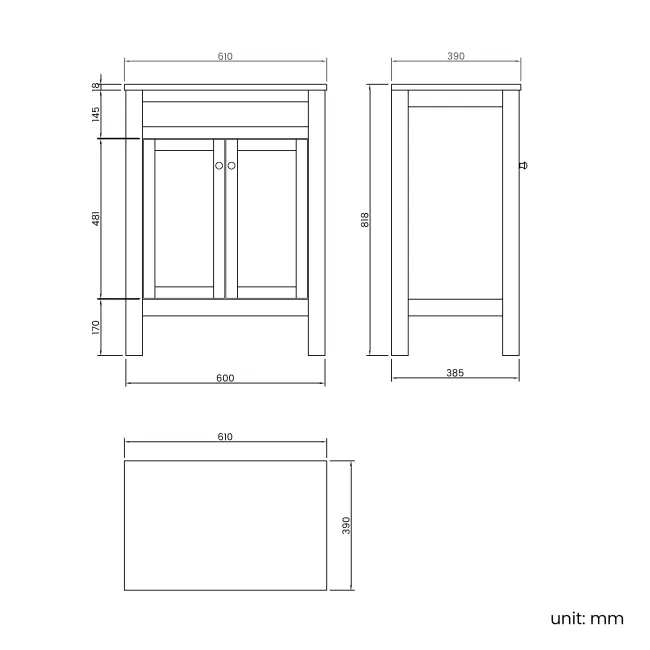 Bermuda Dove Grey Vanity with Curved Counter Top Basin 600mm - Brushed Brass Accents