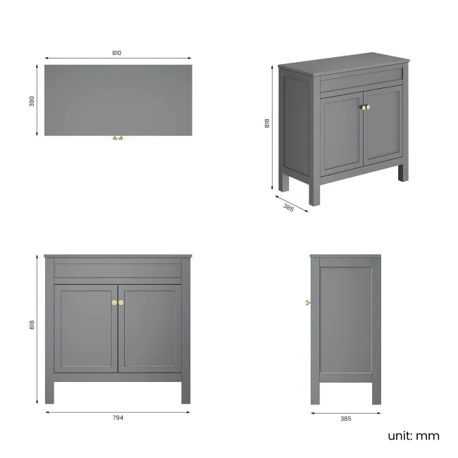 Bermuda Dove Grey Cabinet 800mm Excludes Counter Top Basin - Brushed Brass Accents