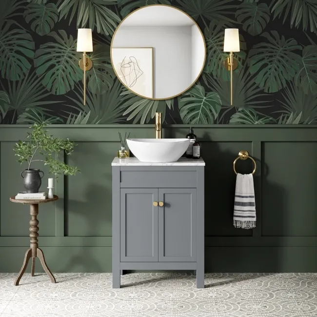 Bermuda Dove Grey Vanity with Marble Top & Oval Counter Top Basin 600mm - Brushed Brass Accents
