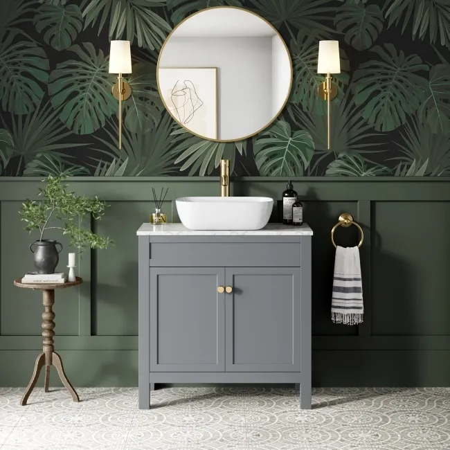 Bermuda Dove Grey Vanity with Marble Top & Curved Counter Top Basin 800mm - Brushed Brass Accents