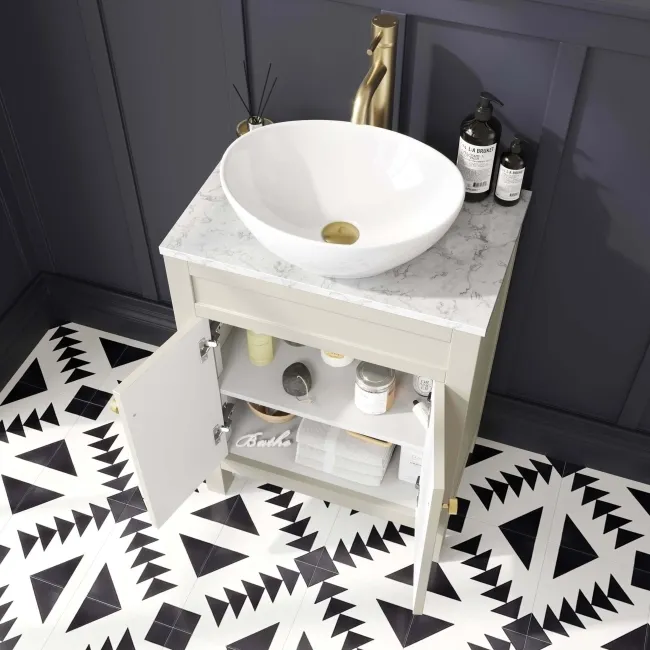 Bermuda Chalk White Vanity with Marble Top & Oval Counter Top Basin 600mm - Brushed Brass Accents