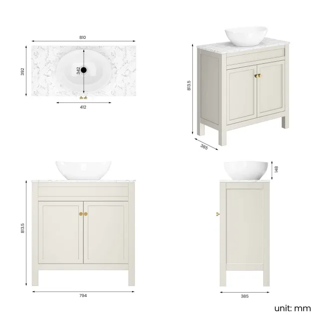 Bermuda Chalk White Vanity with Marble Top & Oval Counter Top Basin 800mm - Brushed Brass Accents