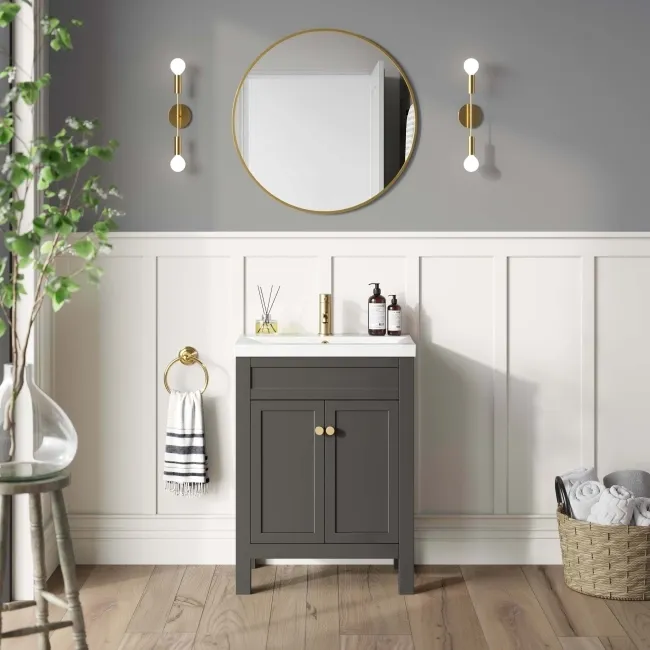 Bermuda Graphite Grey Basin Vanity 600mm - Brushed Brass Accents