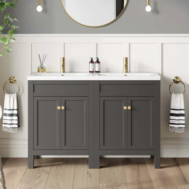 Bermuda Graphite Grey Double Basin Vanity 1200mm - Brushed Brass Accents