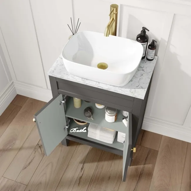 Bermuda Graphite Grey Vanity with Marble Top & Curved Counter Top Basin 600mm - Brushed Brass Accents