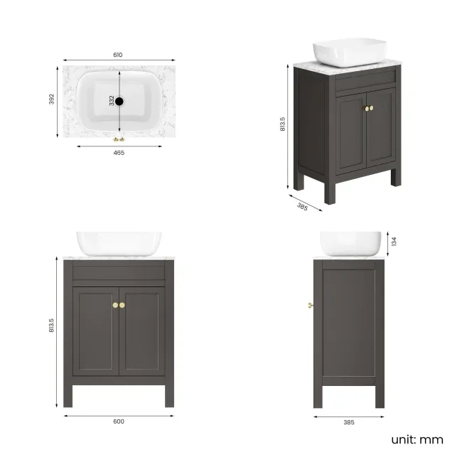 Bermuda Graphite Grey Vanity with Marble Top & Curved Counter Top Basin 600mm - Brushed Brass Accents