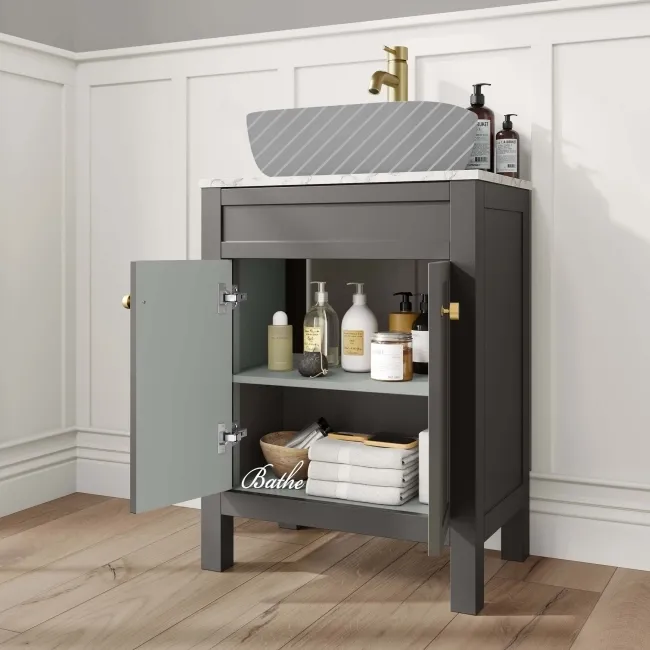 Bermuda Graphite Grey Cabinet with Marble Top 600mm Excludes Counter Top Basin - Brushed Brass Accents