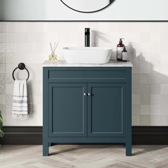 Bermuda Inky Blue Vanity with Marble Top & Curved Counter Top Basin 800mm