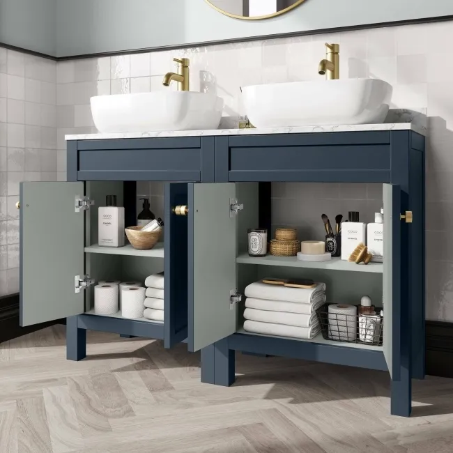 Bermuda Inky Blue Vanity with Marble Top & Curved Counter Top Basin 1200mm - Brushed Brass Accents