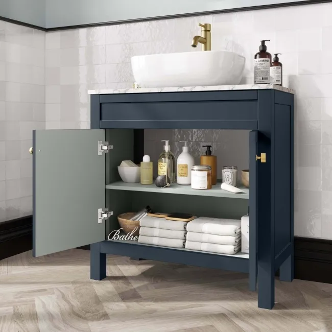 Bermuda Inky Blue Vanity with Marble Top & Curved Counter Top Basin 800mm - Brushed Brass Accents