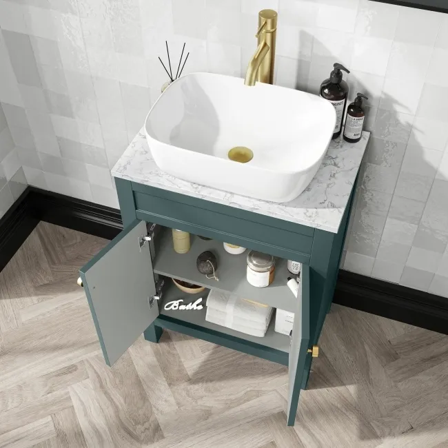 Bermuda Midnight Green Vanity with Marble Top & Curved Counter Top Basin 600mm - Brushed Brass Accents