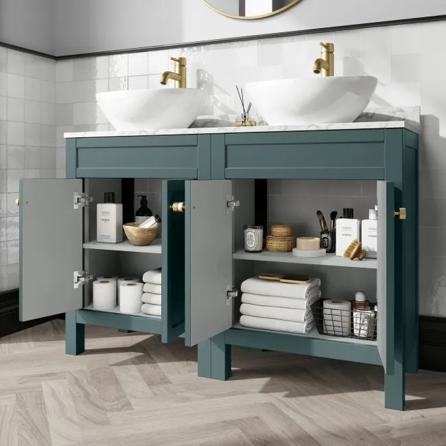 Bermuda Midnight Green Vanity with Marble Top & Oval Counter Top Basin 1200mm - Brushed Brass Accents