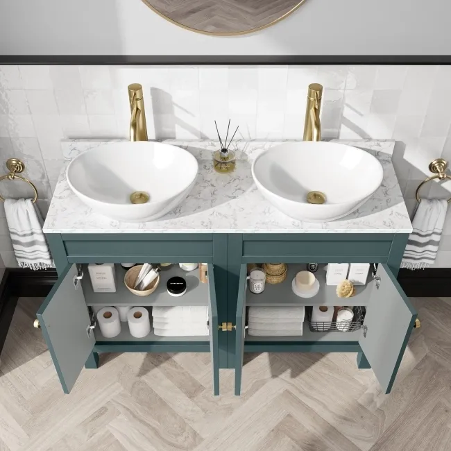 Bermuda Midnight Green Vanity with Marble Top & Oval Counter Top Basin 1200mm - Brushed Brass Accents