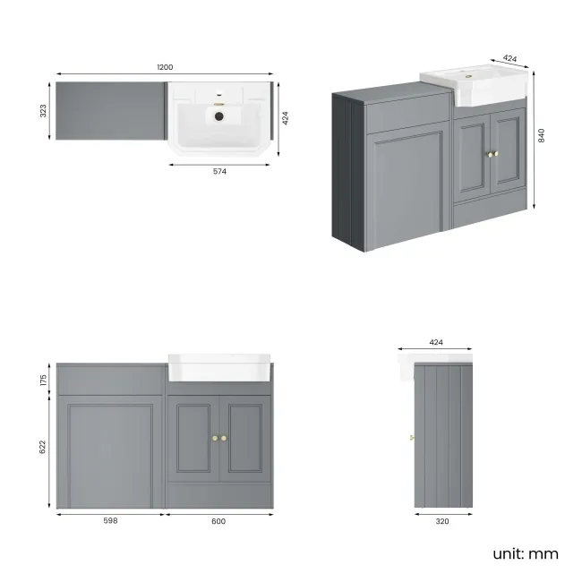 Monaco Dove Grey Traditional Basin Vanity and Back To Wall Unit 1200mm (Excludes Pan & Cistern) - Brushed Brass Accents