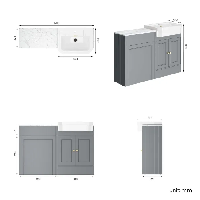 Monaco Dove Grey Combination Vanity Traditional Basin with Marble Top 1200mm (Excludes Pan & Cistern) - Brushed Brass Accents