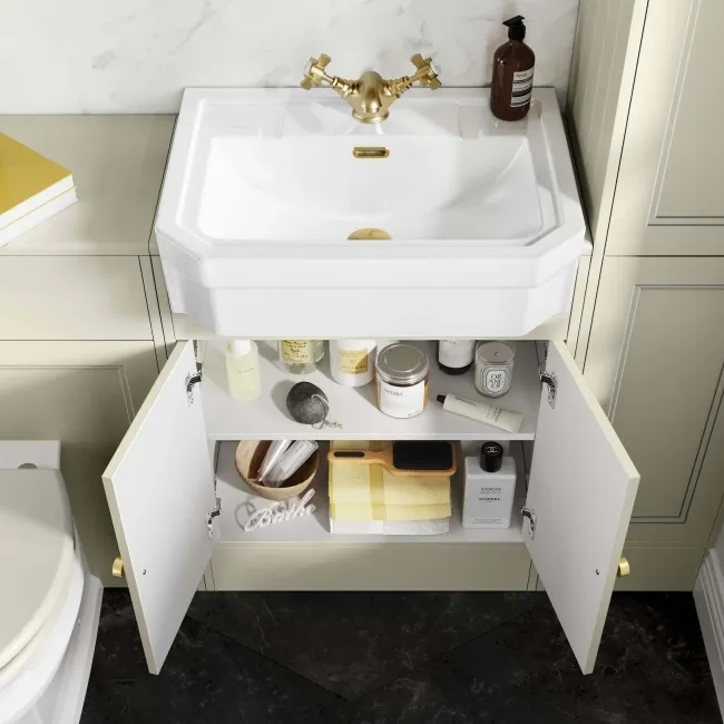 Monaco Chalk White Traditional Basin Vanity 600mm - Brushed Brass Accents