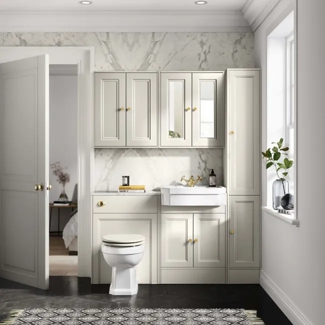 Monaco Chalk White Combination Vanity Traditional Basin with Marble Top 1200mm (Excludes Pan & Cistern) - Brushed Brass Accents