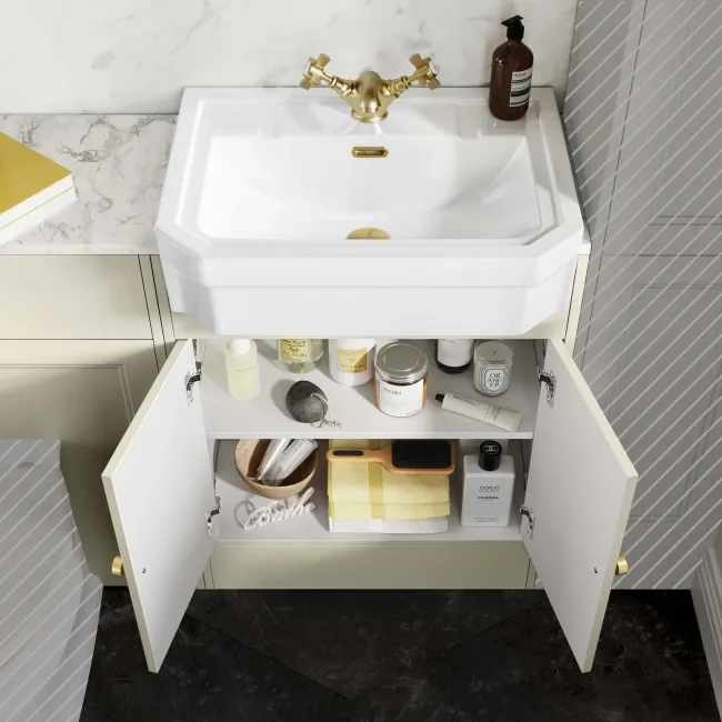 Monaco Chalk White Combination Vanity Traditional Basin with Marble Top 1200mm (Excludes Pan & Cistern) - Brushed Brass Accents