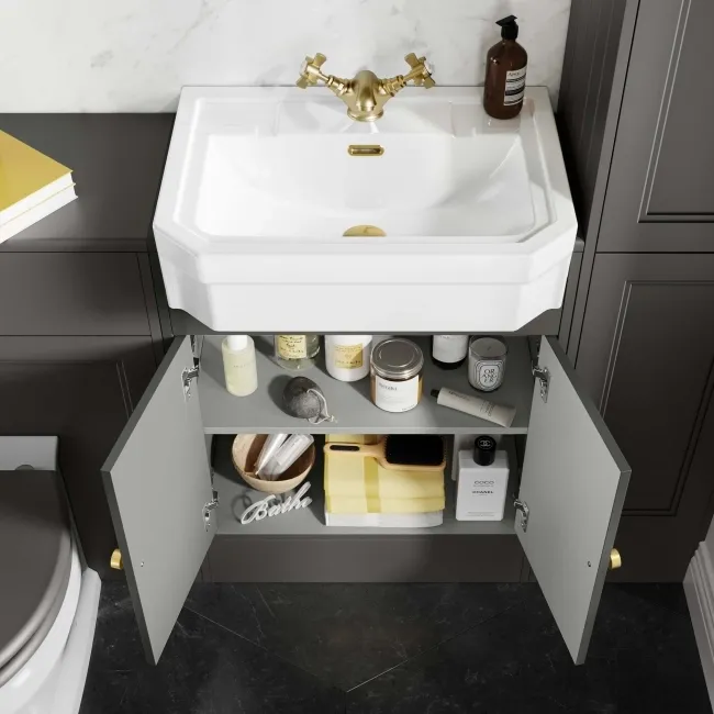 Monaco Graphite Grey Traditional Basin Vanity 600mm - Brushed Brass Accents