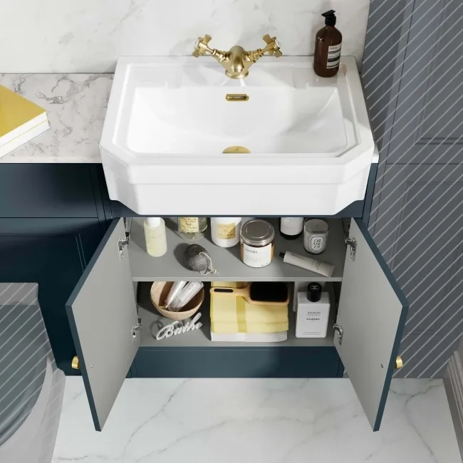 Monaco Inky Blue Combination Vanity Traditional Basin with Marble Top 1200mm (Excludes Pan & Cistern) - Brushed Brass Accents