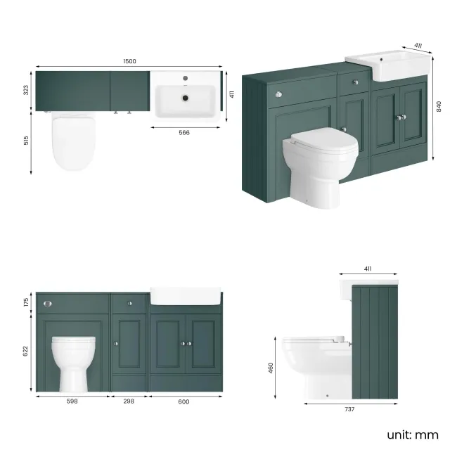 Monaco Midnight Green Combination Vanity Basin and Seattle Toilet 1500mm