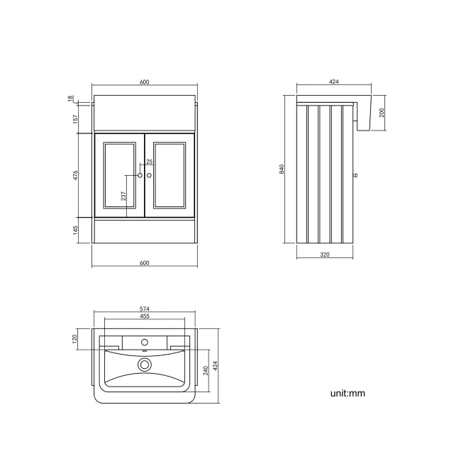 Monaco Midnight Green Traditional Basin Vanity 600mm - Brushed Brass Accents