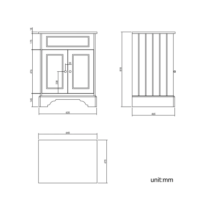 Lucia Chalk White Vanity with Oak Effect Top & Round Counter Top Basin 640mm - Brushed Brass Accents