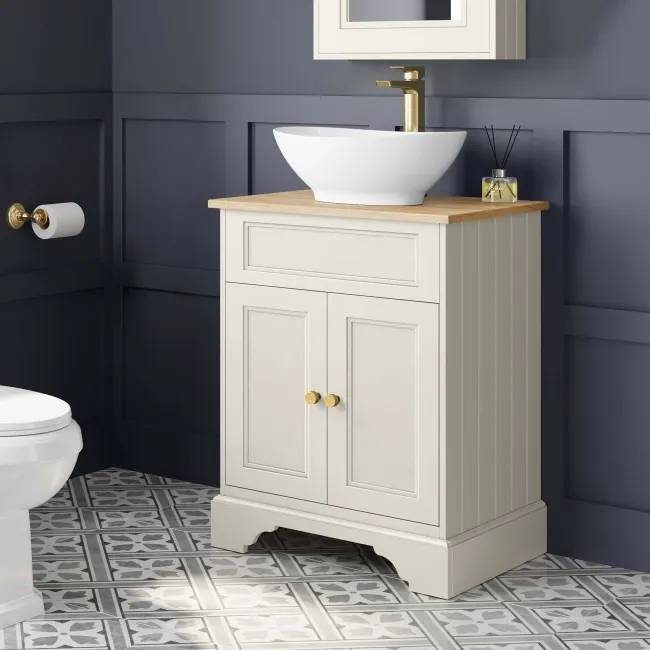 Lucia Chalk White Vanity with Oak Effect Top & Oval Counter Top Basin 640mm - Brushed Brass Accents