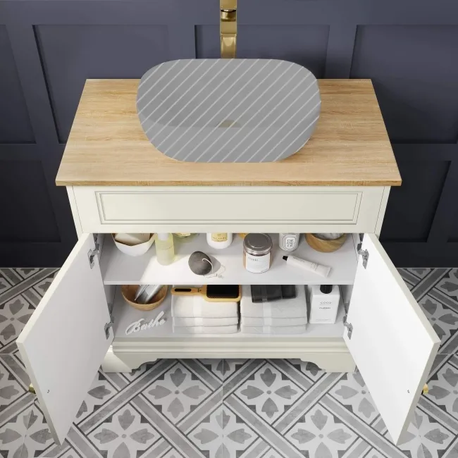 Lucia Chalk White Cabinet with Oak Effect Top 840mm (Excludes Counter Top Basin) - Brushed Brass Accents
