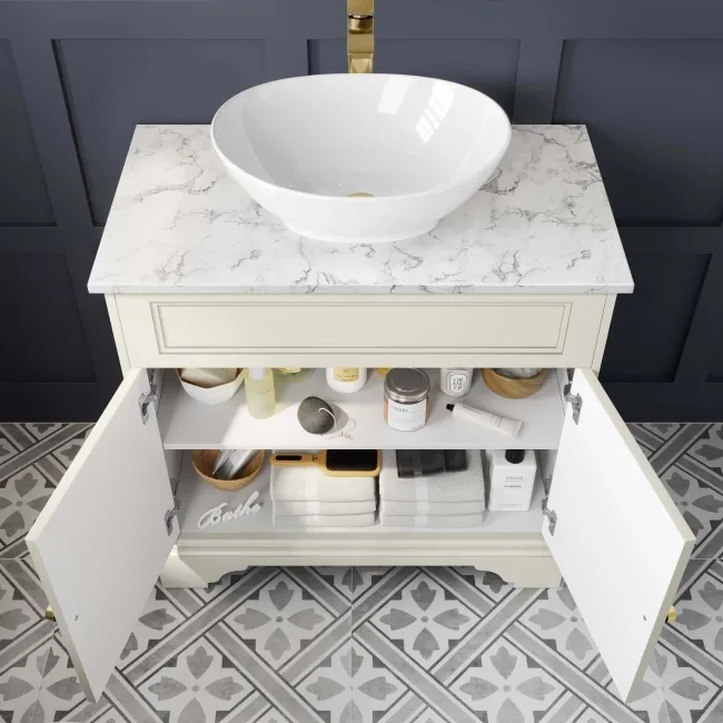 Lucia Chalk White Vanity with Marble Top & Oval Counter Top Basin 840mm - Brushed Brass Accents