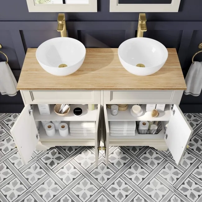 Lucia Chalk White Double Vanity with Oak Effect Top & Round Counter Top Basin 1200mm - Brushed Brass Accents