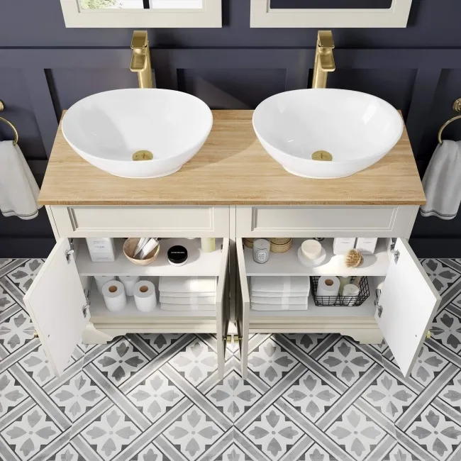 Lucia Chalk White Double Vanity with Oak Effect Top & Oval Counter Top Basin 1200mm - Brushed Brass Accents