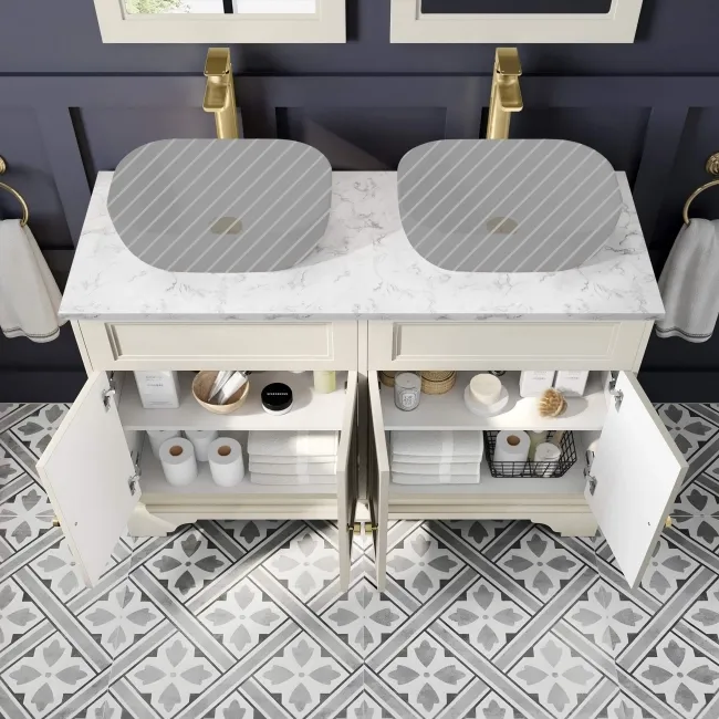 Lucia Chalk White Cabinet with Marble Top 1200mm (Excludes Counter Top Basins) - Brushed Brass Accents