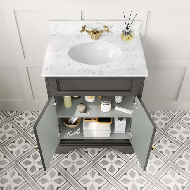 Lucia Graphite Grey Vanity with Marble Top & Undermount Basin 630mm - Brushed Brass Accents