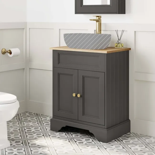 Lucia Graphite Grey Cabinet with Oak Effect Top 640mm (Excludes Counter Top Basin) - Brushed Brass Accents
