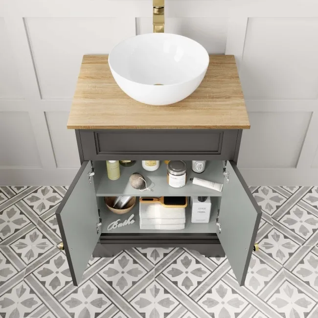 Lucia Graphite Grey Vanity with Oak Effect Top & Round Counter Top Basin 640mm - Brushed Brass Accents
