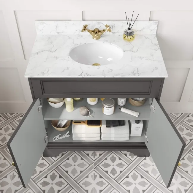 Lucia Graphite Grey Vanity with Marble Top & Undermount Basin 830mm - Brushed Brass Accents